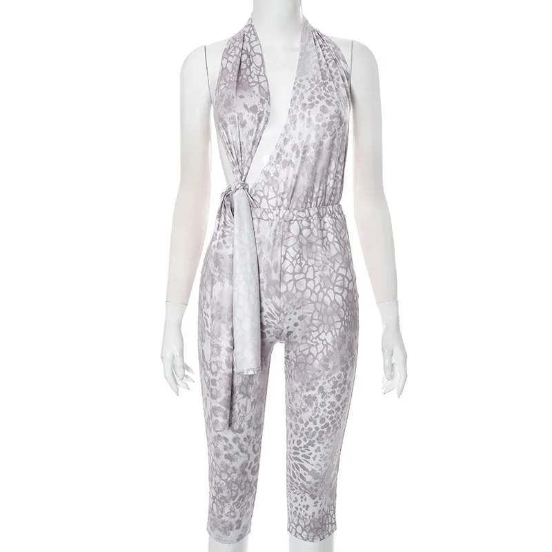 Apprabant feminino serpentina impresso macacão sem costas oco para fora rendas até pendurado pescoço profundo decote em v sexy apertado macacão streetwear