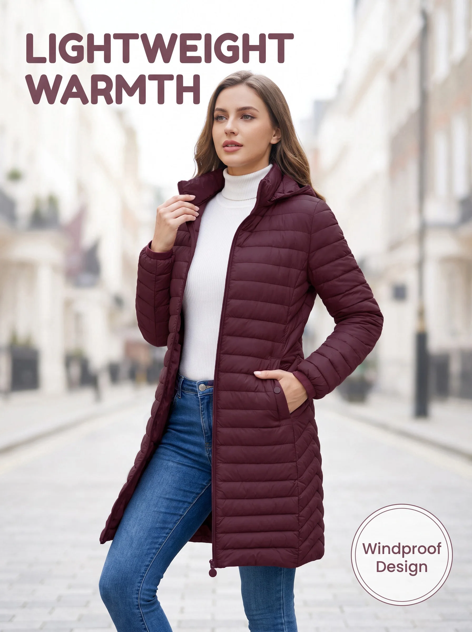 Ultralight Packable Puffer Coat for Women Long Warm Loose Solid Outwear with Detachable Hood