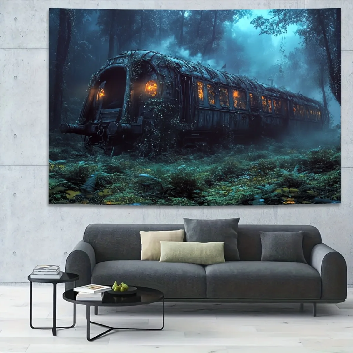 Moody Abandoned Steampunk Train Forest Tapestry Luxury Large Size Gothic Mystery Wall Art Decor Print