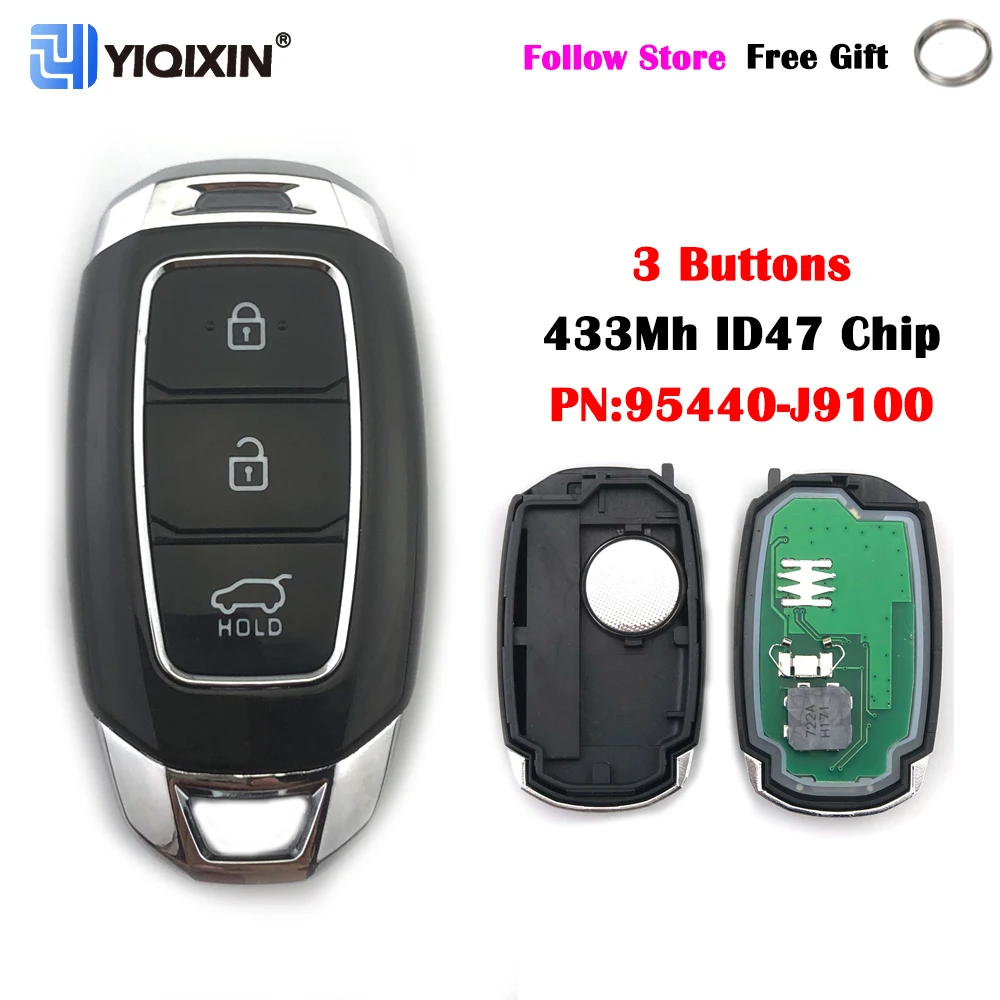 

YIQIXIN 3 Buttons 433MHz Car Key Auto Remote For Hyundai Kona Veloster 2018 2019 2020 2021 2022 ID47 Chip P/N : 95440-J9100 Fob