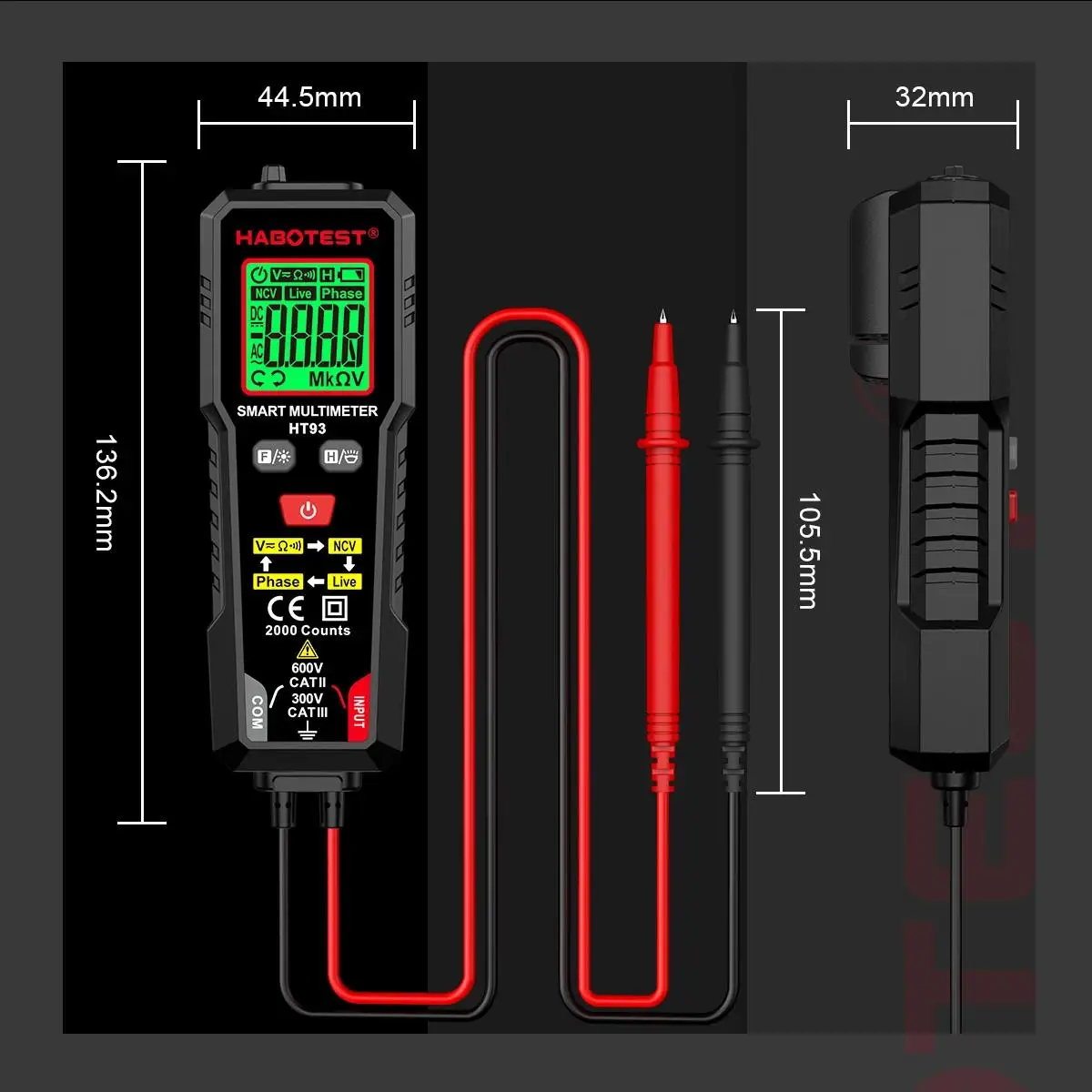 HABOTEST HT93 Digitales Multimeter Spannungsprüfer 2000 Messungen AC/DC Voltmeter True RMS NCV Phasentest Auto-Range Multimeter – Detail 5