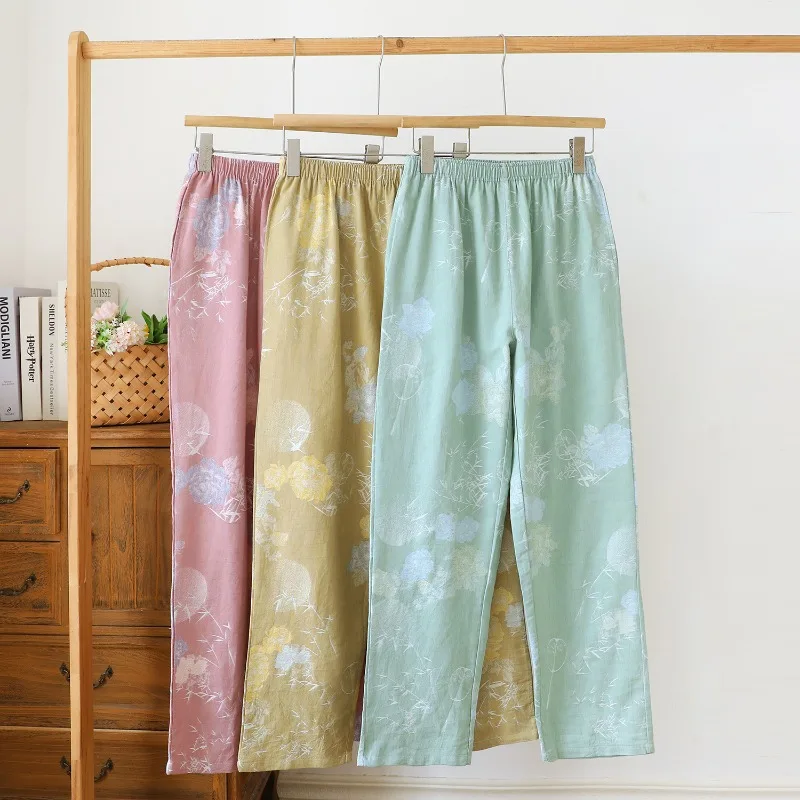 Retro Double-sided Jacquard Pajama Pants Elastic Waist Cotton Gauze Thin Trousers Women's Loose Leisure Home Sleep Bottoms