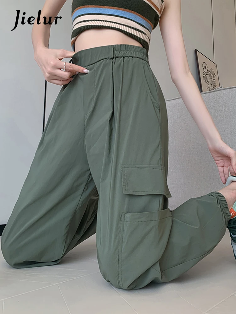 

Jielur New Solid Color Female Cargo Pants Summer High Waist American Style Sport Women's Pants Green Grey Black Red Basic Pants