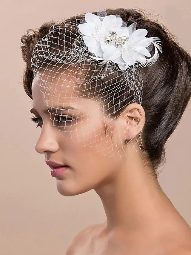 Véu preto birdcage véu branco pena apliques strass brilhantes bandana véu para acessórios de cabelo casamento nupcial fascinators