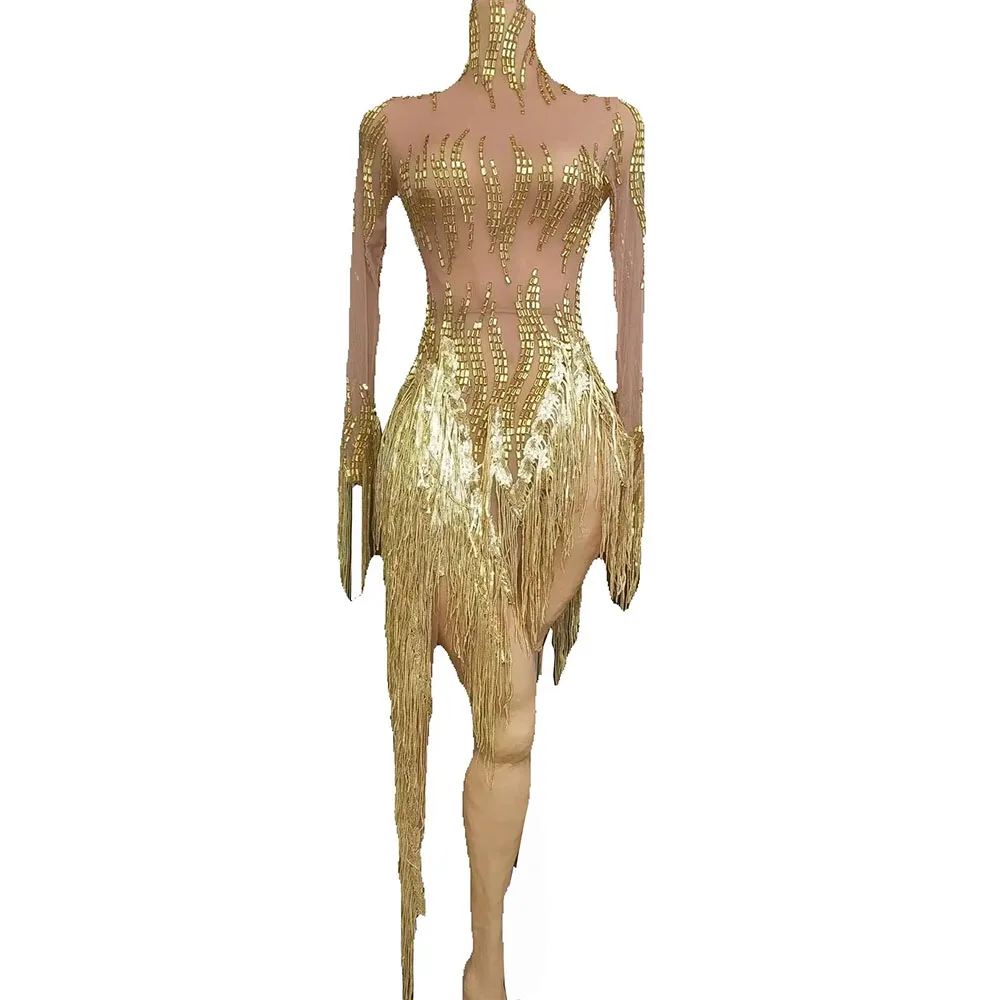 

Сексуальное сценическое шоу, блестящие стразы, золотое прозрачное мини-платье с блестками и кисточками, женское платье для латинских танцев, праздничный наряд