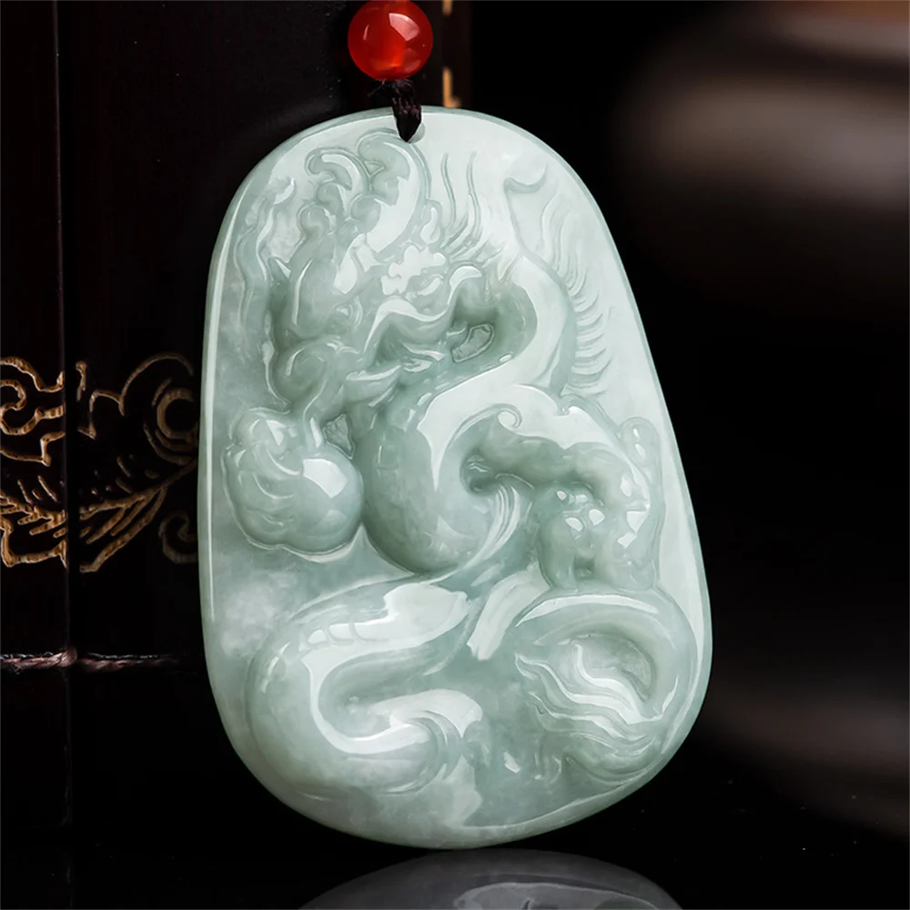 

Natural Ice Green Jadeite Carved Exquisite Dragon Lucky Pendant Amulet Necklace Certificate Luxury Jade Trendy Jewelry Gift