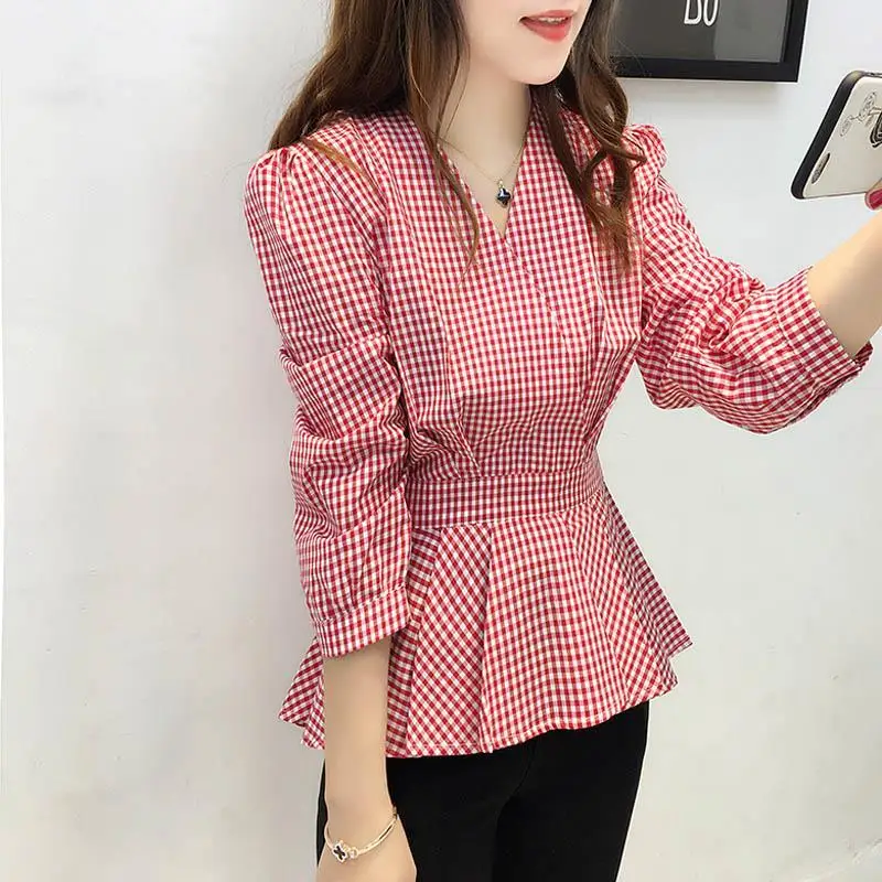 Korean Fashion Ruffles Folds Lattice Blouse Woman 2022 Summer New Casual Commute All-match V-Neck 3/4 Sleeve Pullover Shirts