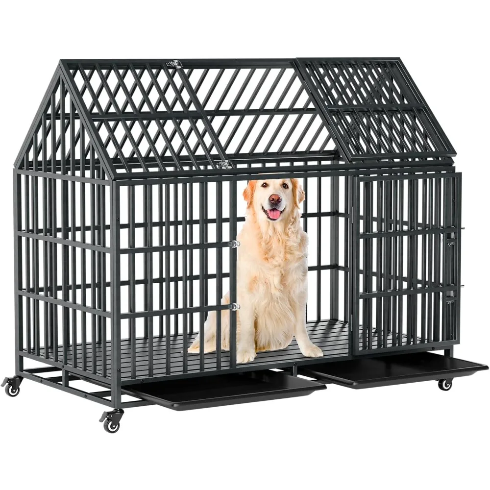 

52 Inch Heavy Duty Dog Crate Extra Large Dog Cage Kennel, Indestructible XXL Dog Crate with Open Roof Top, Trays and Wheels, Esc