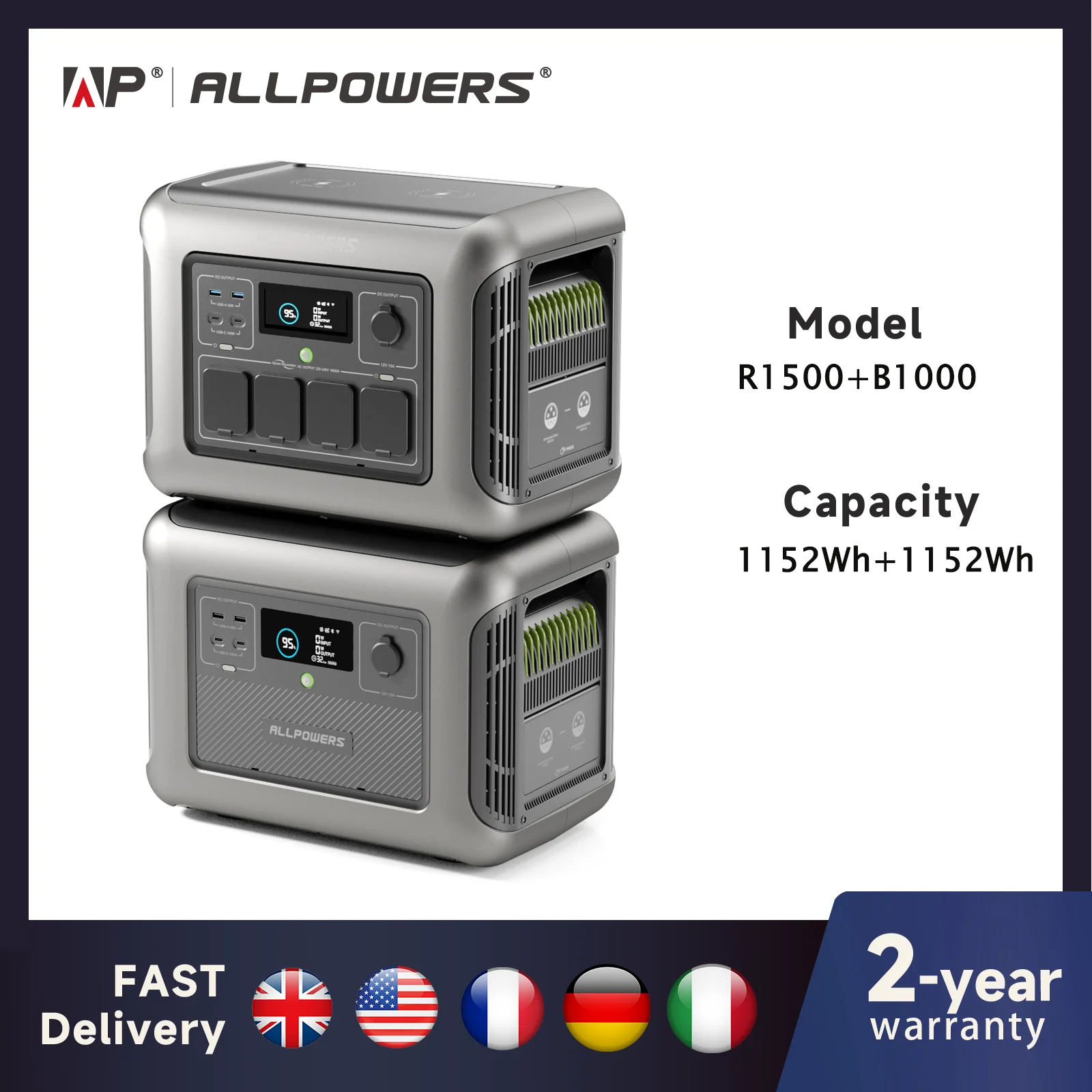 ALLPOWERS แบบพกพา Power Station R1500 พร้อม B1000 ภายนอก Batter 1152Wh LiFePO4 แบตเตอรี่เสริมพร้อมเครื่องกําเนิดไฟฟ้าพลังงานแสงอาทิตย์สําหรับกลางแจ้ง