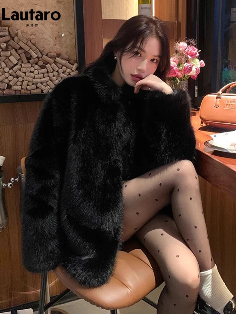 Lautaro Autumn Winter Black Soft Thick Warm Hairy Shaggy Faux Fox Fur Coat Women Stand Collar Long Sleeve Fluffy Jacket 2023