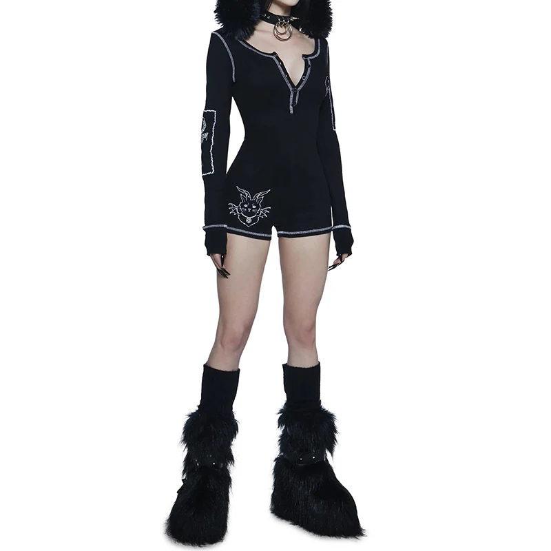 النمط الأوروبي والأمريكي تصميم خط عيد الفصح بأكمام طويلة ورقبة على شكل حرف v بذلة Y2k القوطية طباعة فاسق مثير فتاة حار Harajuku