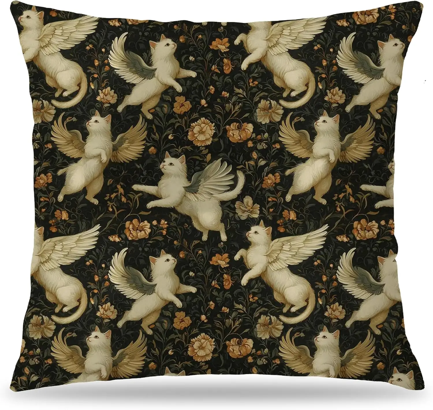 Retro Mythical Cats Floral Pillow Covers 18x18 Double-Sided, Cat Room Home Decor, Whimsical Magic White Cats Cottagecore Wildflo