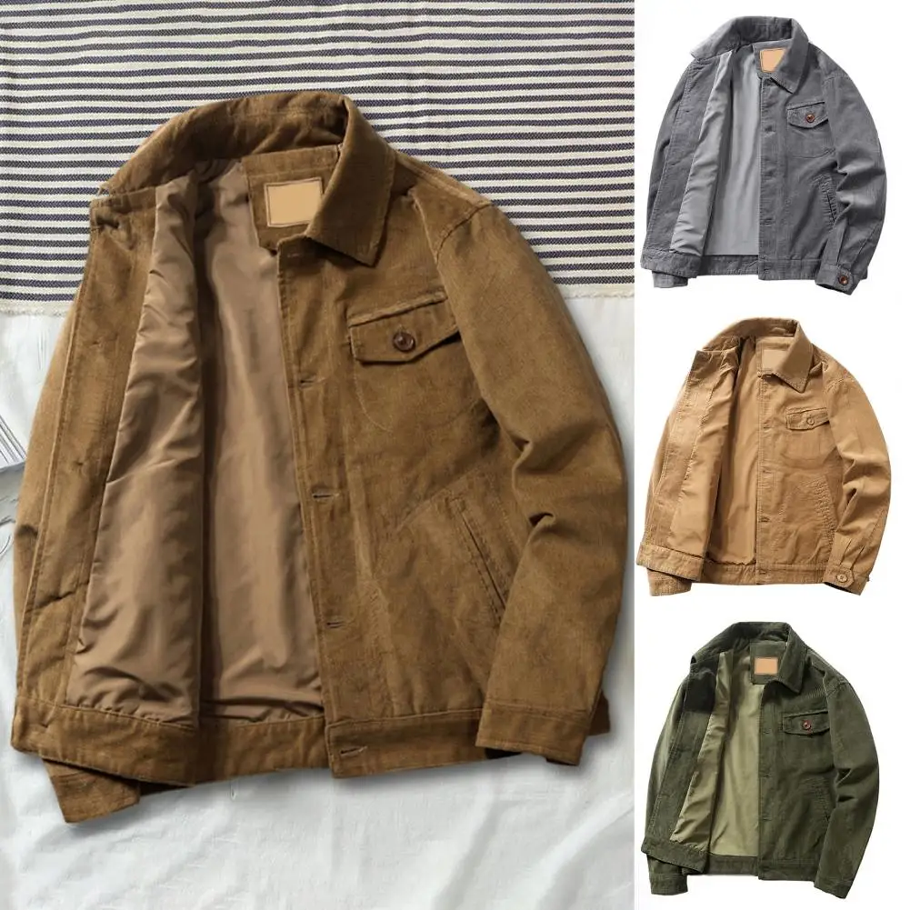 

Bomber Jacket Solid Color Workwear Style Loose Turndown Collar Streetwear Spring Autumn Men Corduroy Outwear Cargo Coat