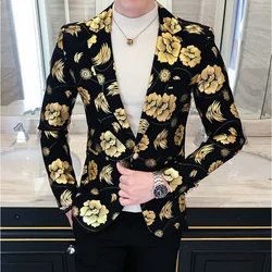 2024 Four Seasons Men Hot Stamping Floral Fashion Handsome Printed Business Casual Suit Korean Version Slim-fit Suit  Blazer