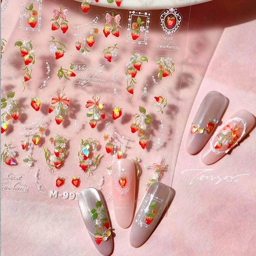 Morango retro renda borda flor adorável fruta pérola pingente folhas auto adesivo arte do prego adesivos manicure decalque atacado