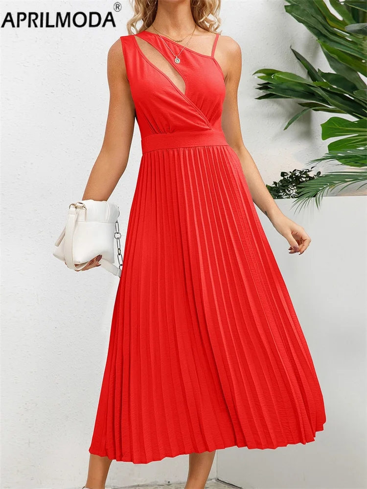 Hollowed Out Irregular Shouler Women Midi Long Pleated Dress Spaghetti Straps Solid A Line Oversized Office Lady Summer Dresses