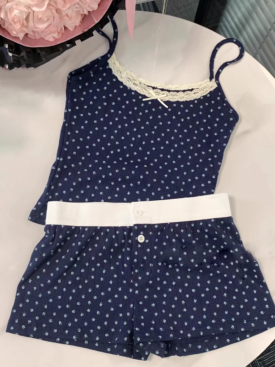 

Navy Floral Lace Vest Shorts 2 Pieces Set Woman Bow Slim Tank Top Elastic Waist Straight Short Pant Cotton Cute Home Pajama Sets