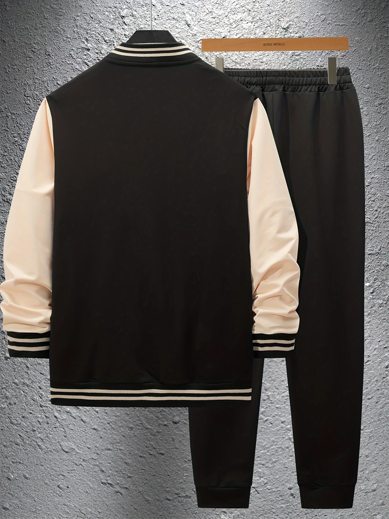 Conjunto de chaqueta y pantalones de béisbol informales de poliéster para hombre, bloque de color, botones con detalle de cinturón para primavera/otoño