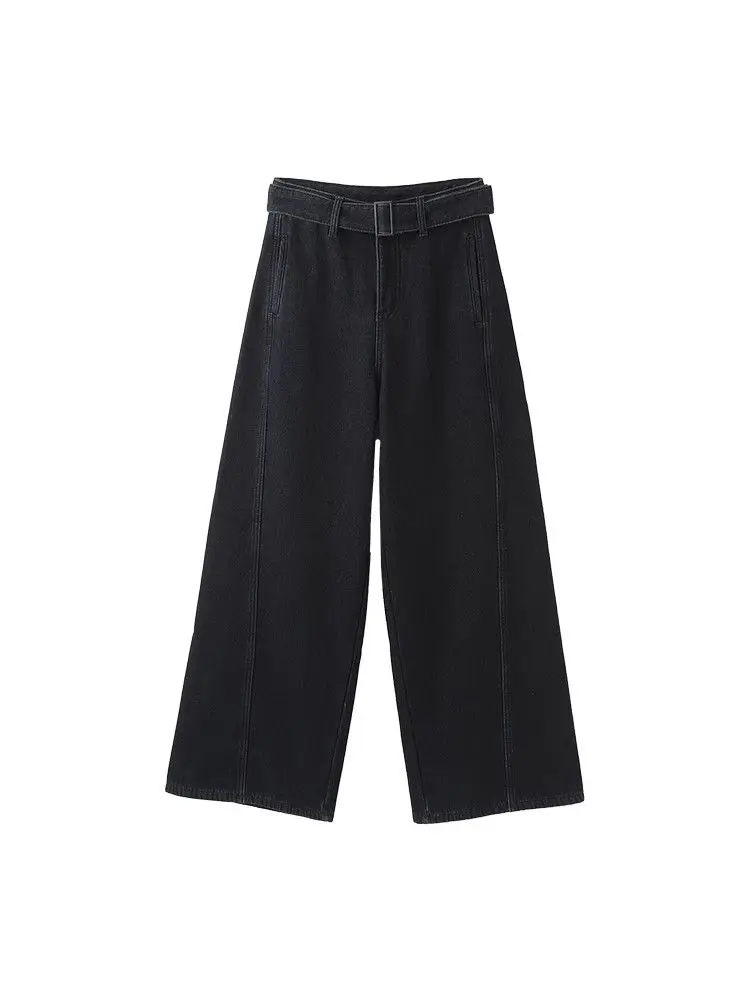 Dunkelblaue Gürteljeans für Damen, 2025, Frühling, Vintage-Design, lockere, gerade Hose mit weitem Bein