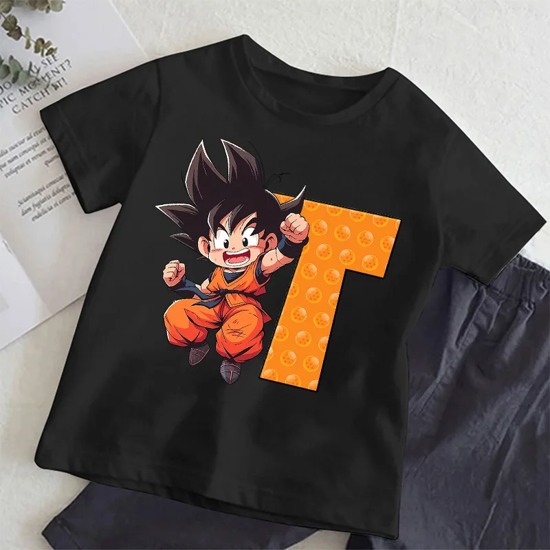 Camiseta Dragon Ball Goku para niños, camiseta naranja con letras A-Z, ropa con cuello redondo, ropa de verano para niños y niñas, ropa de manga corta para niños, regalo