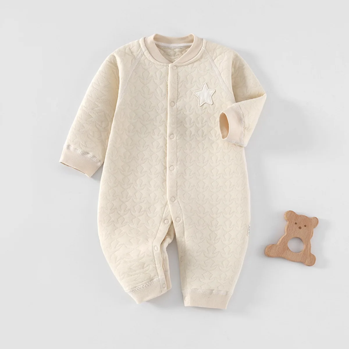 Newborn Baby Autumn Winter Romper Long Sleeve Quilted Warm Onesie Soft Cotton Infant Jumpsuit Unisex 0-18M with Cute Star Patch
