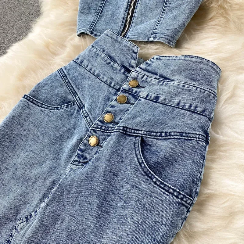 2024 Denim Skirt Set Women Sexy Camisole Tops + High Waist Denim Pencil Skirt 2Pcs Suit Fashion Female Summer Slim Bodycon Suits