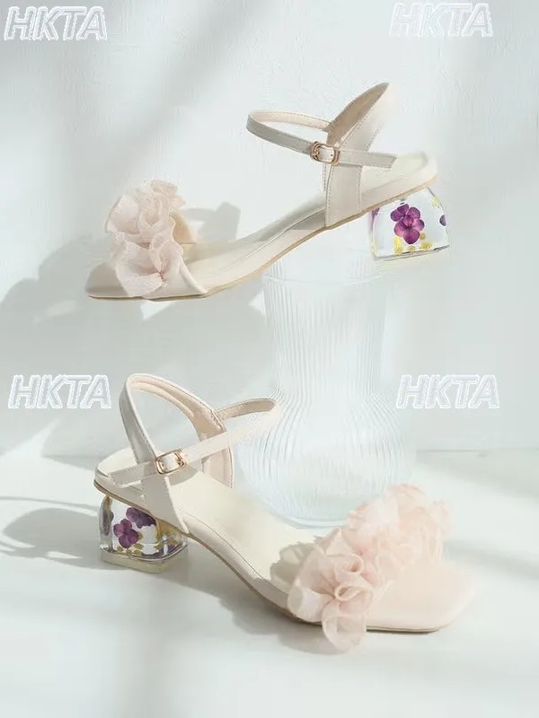 Japanische süße, elegante Sandalen mit Pilzkanten-Blumenmuster, quadratischem Absatz, Sommerschuhe, Lolita-High-Heel-Sandalen für Damen