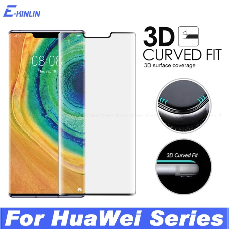 غطاء كامل ثلاثي الأبعاد منحني من الزجاج المقسى لهواوي ميت 60 50 40 40E 30E 30 RS 20 Pro Plus Lite 5G واقي للشاشة
