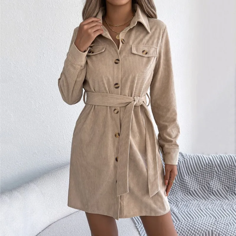 

Women's Dress Autumn/Winter Casual Single breasted Long sleeved Lace Corduroy Shirt Dress Women's Dress