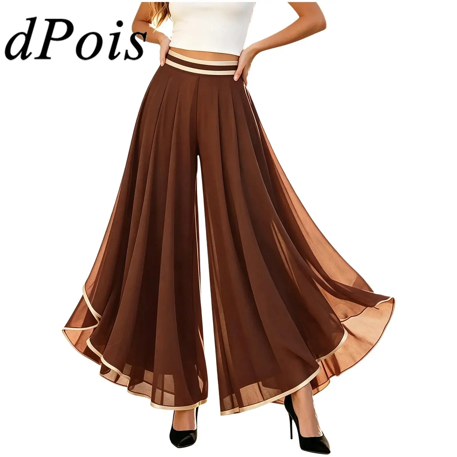 Women Wide Leg Pants Flowy Chiffon Palazzo Culottes Irregular Elastic Waist High Waist Unlined Loose Pants for Beach Vacation
