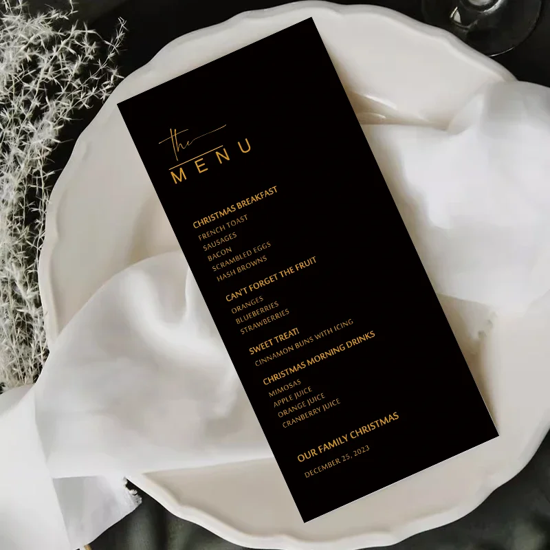 120pcs Customized Wedding Menu Dining Plate black card Program List Greeting Card paper golden letter color print