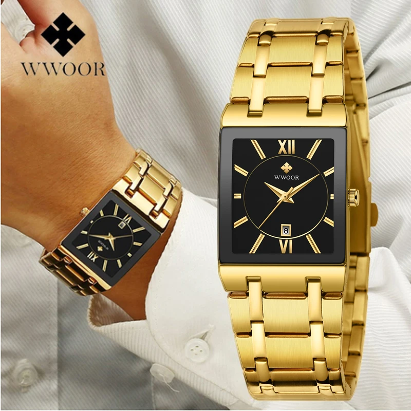 

WWOOR Fashion Gold Men's Watches New Luxury Brand Watch Mens Business Waterproof Stainless Steel Quartz Wrist Watch Reloj Hombre