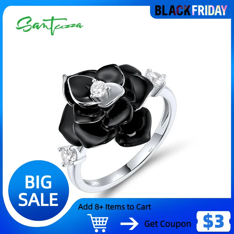 SANTUZZA Pure 925 Sterling Silver Ring For Women Sparkling White CZ Black Flower Retro Style Enamel Elegant Party Fine Jewelry