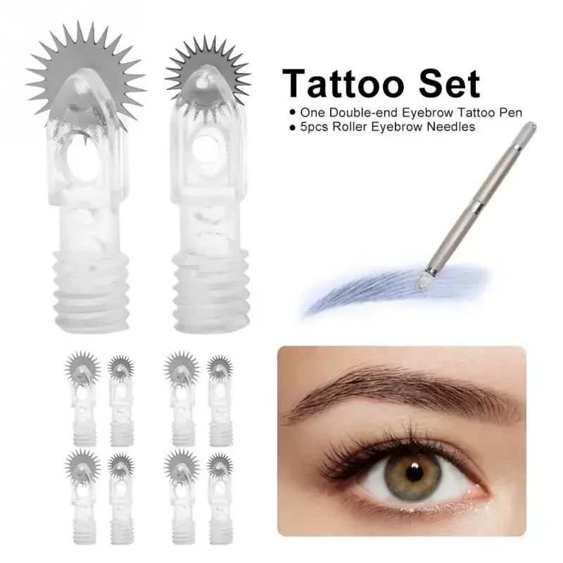 Double-end Eyebrow Tattoo Manual Pen + 5pcs Roller Needles Tattoos Curved Blade Semi-permanent  Makeup Machine Set