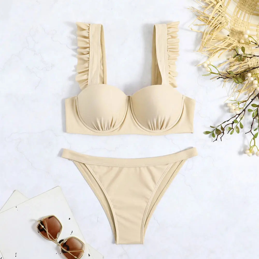 2025 Sexy Bikini Set Women Split Bathing Suit Solid Color Padded Bra Ruffle Strap Beach Summer Pool Vacation Swimwear