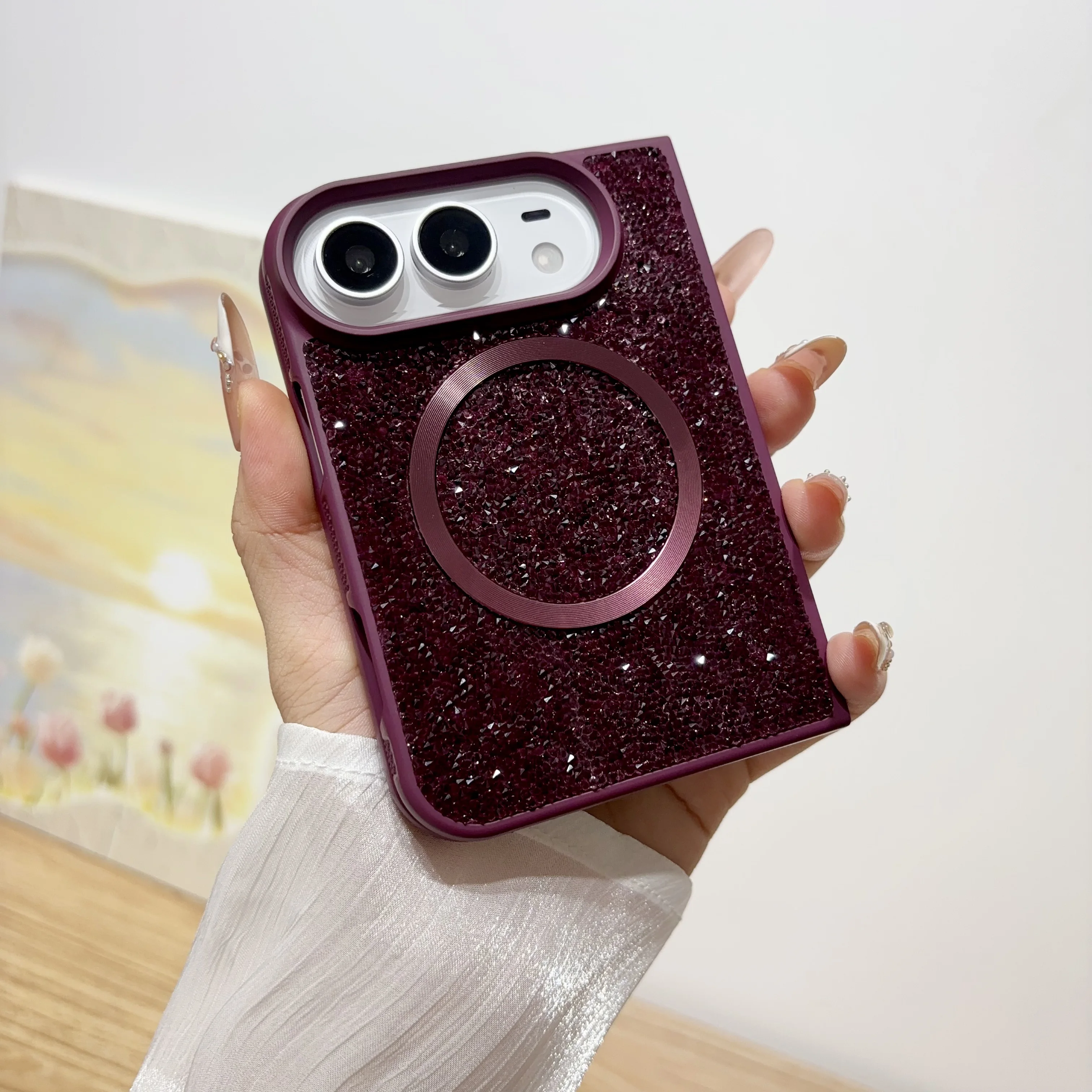 Coque de téléphone magnétique à paillettes effet peau pour iPhone Duo Ultra 18, pli large, compatible Magsafe, antichoc, protection de l'objectif, coque fine