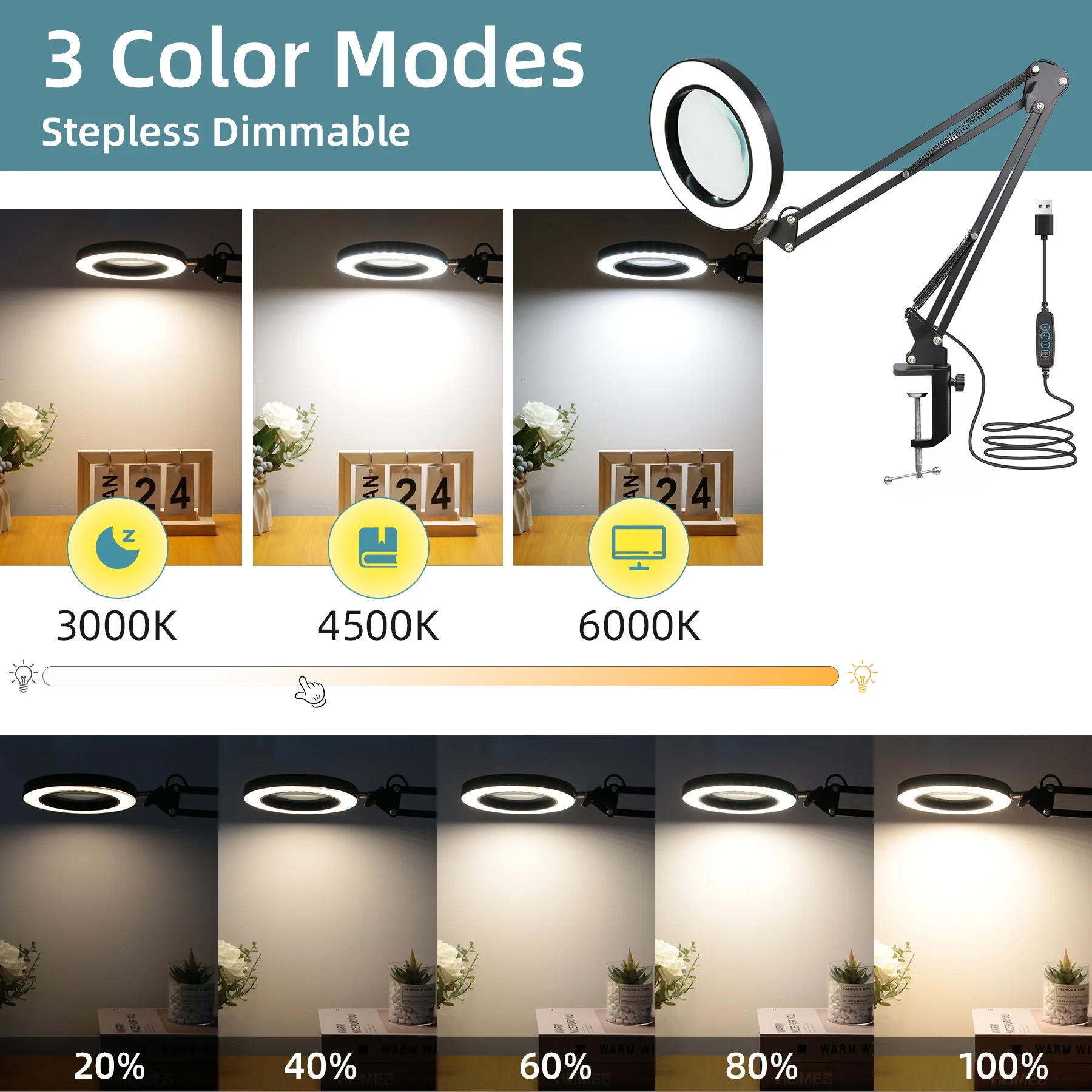 

Desk Lamp Magnifier Dimmable LED Double Head USB Reading Light Architect Eye Protection Office Computer Monitor Screen Desk Lamp