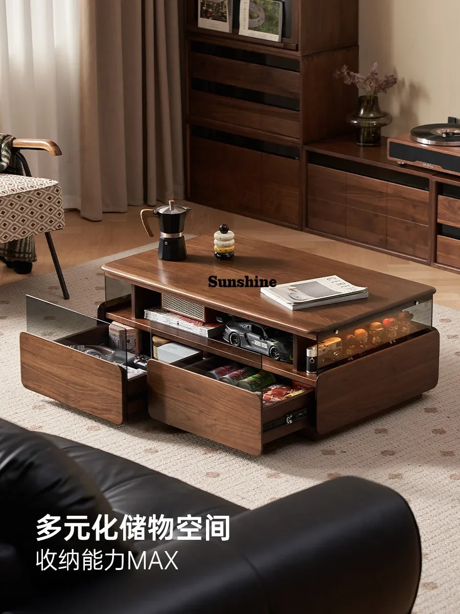 

Solid wood coffee table living room retro black walnut multi-functional double pumping storage tea table tea table FT