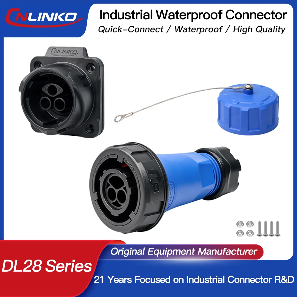 CNLINKO M28 IP68 Circular Industrial Connector 2Pin 50A Plug Socket Crimp Type PBT Housing for Power Distribution,Solar 
