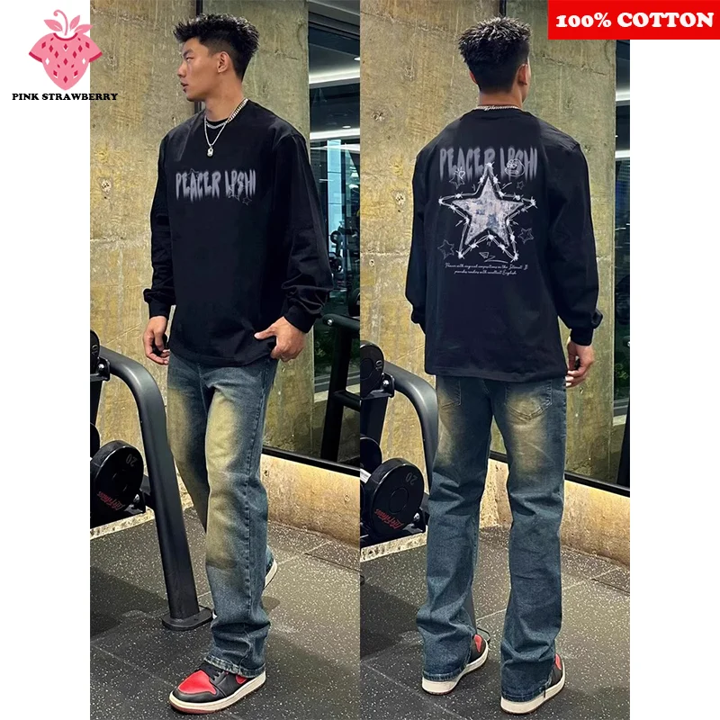 

American Star Letter Print T-shirt Men Autumn 2025 New 100% Cotton Long sleeves Loose Casual Gym Sport Tee Y2k Top man clothing