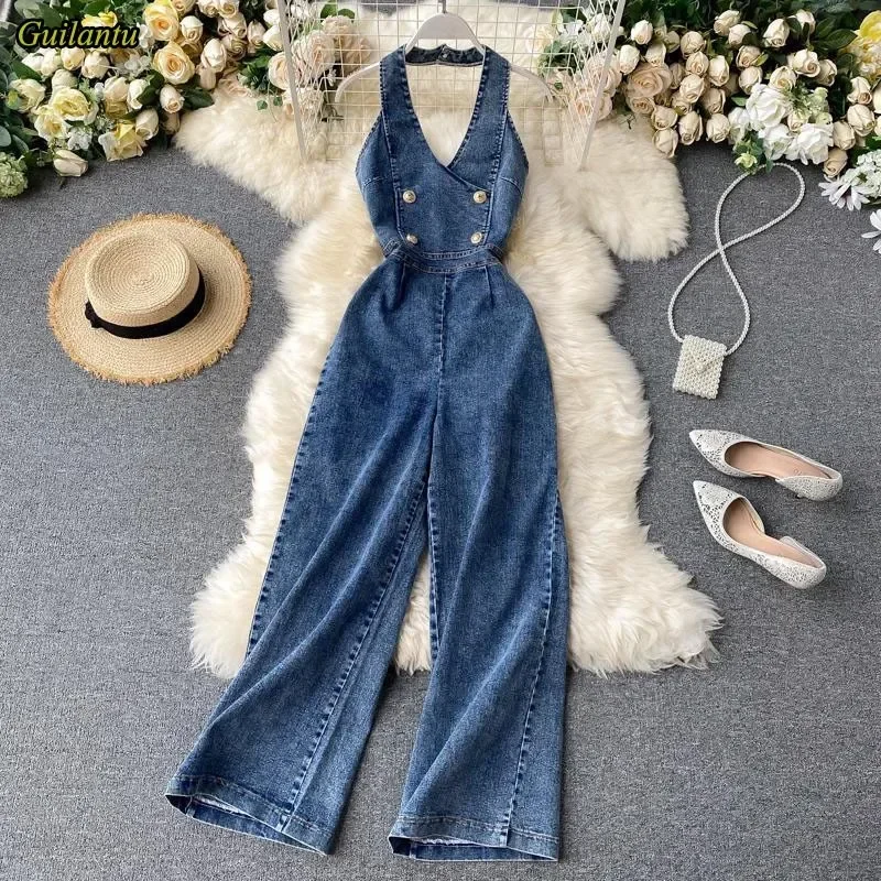 Summer Sleeveless Jeans Jumpsuits Women V Neck Off Shoulder Wide Leg Jeans Overalls Casual Vintage Long Romper