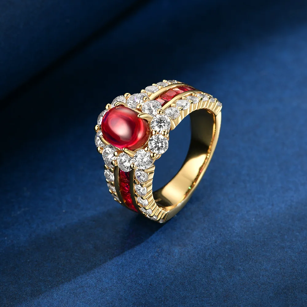 

New S925 Silver Inlaid 6 * 8 Egg shaped Plain Flat Bottom 2-carat Cultivated Ruby Fashion Exquisite Ring Wedding Jewelry