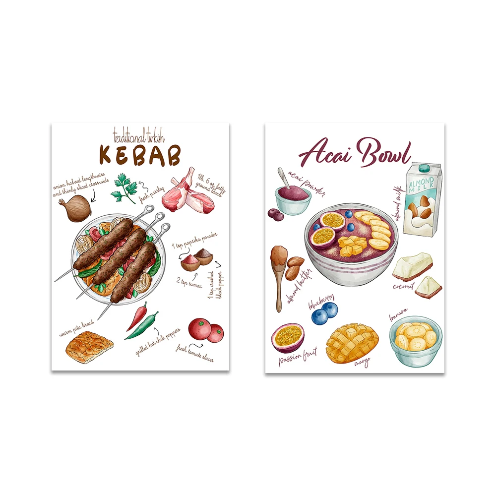 Acai Bowl - póster con recetas divertidas para la cocina, kebab turco tradicional - Póster con recetas - Póster de cocina