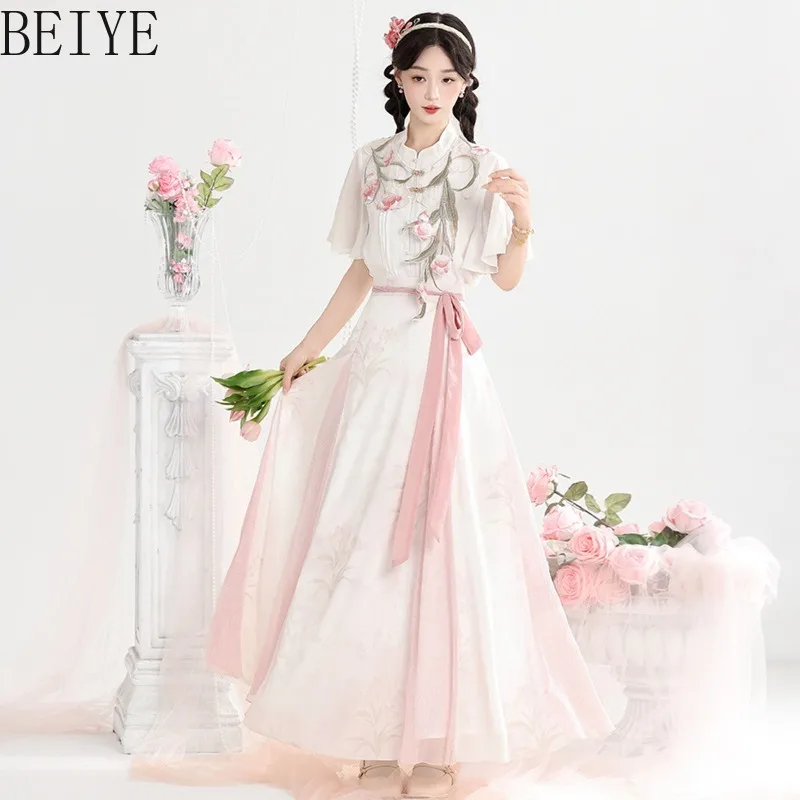 National Style Floral Embroidery Shirt and Long Skirt Set Women Elegant Hanfu Two‑piece Outfit Pink Ribbon Costume Fairy Suits
