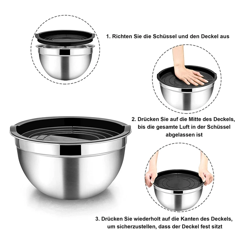 5 Pcs Salad Bowl Stainless Steel Mixing Bowl Set With Lid&Non-Slip Bowls For Kitchen Cooking Cake Bread Baking Tools Tableware