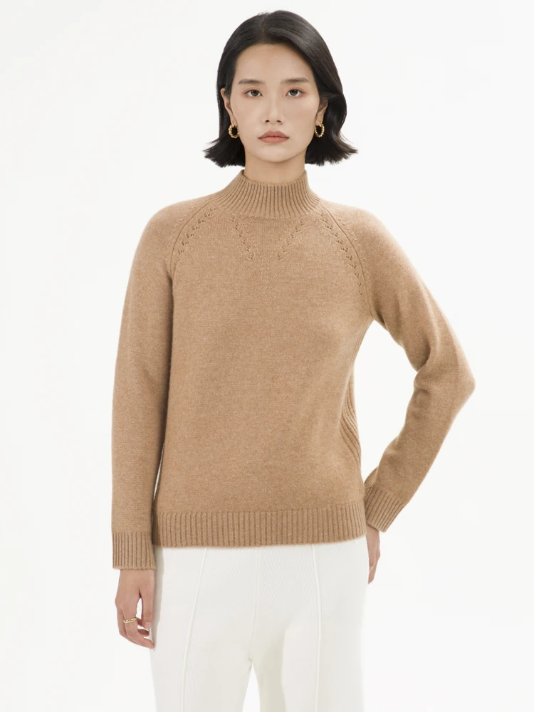 New Chic Autumn Winter 100% Cashmere Sweater Women Knitted Mock-Neck Elegant  Long Sleeve Pullover Clothing Top