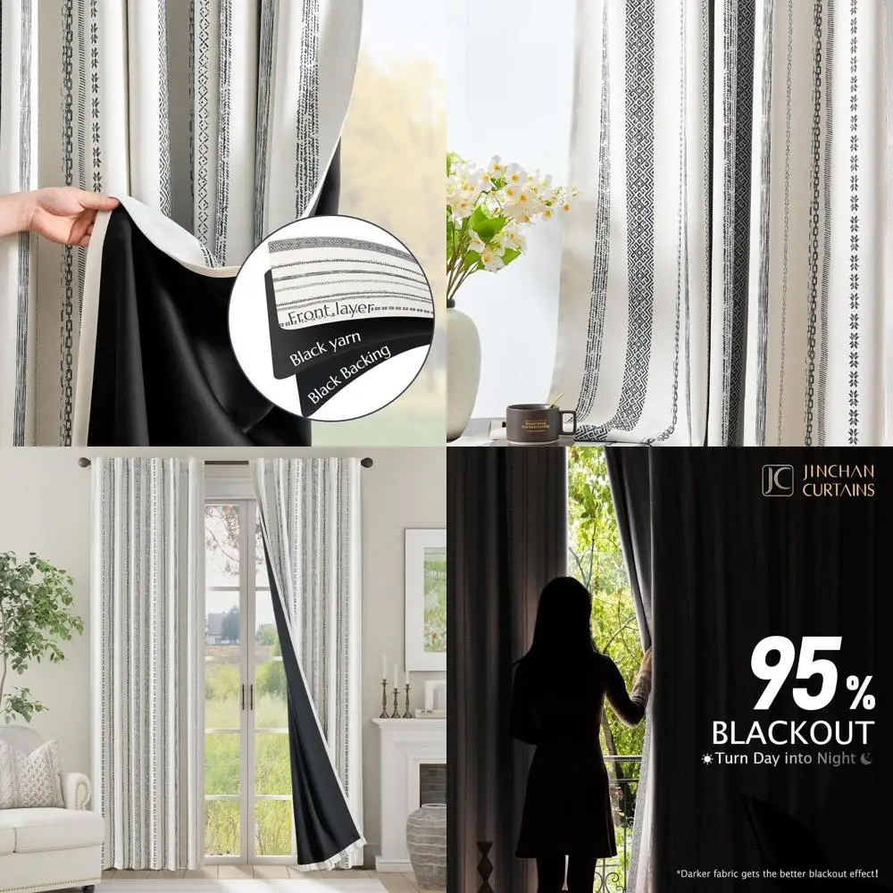 ผ้าม่านกันแสงแบบโบโฮ 90 ผืน พร้อมลายเรขาคณิตสีเบจสำหรับห้องนอน ชุด 2 แผง