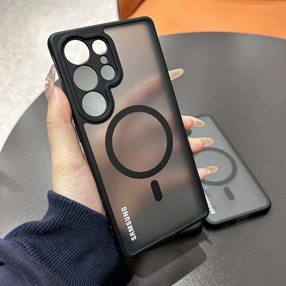 حافظة لهاتف سامسونج S25 S25 Plus S25Ultra FE Edge شحن مغناطيسي لاسلكي غطاء شفاف غير لامع لهاتف Magsafe شفافة متجمدة