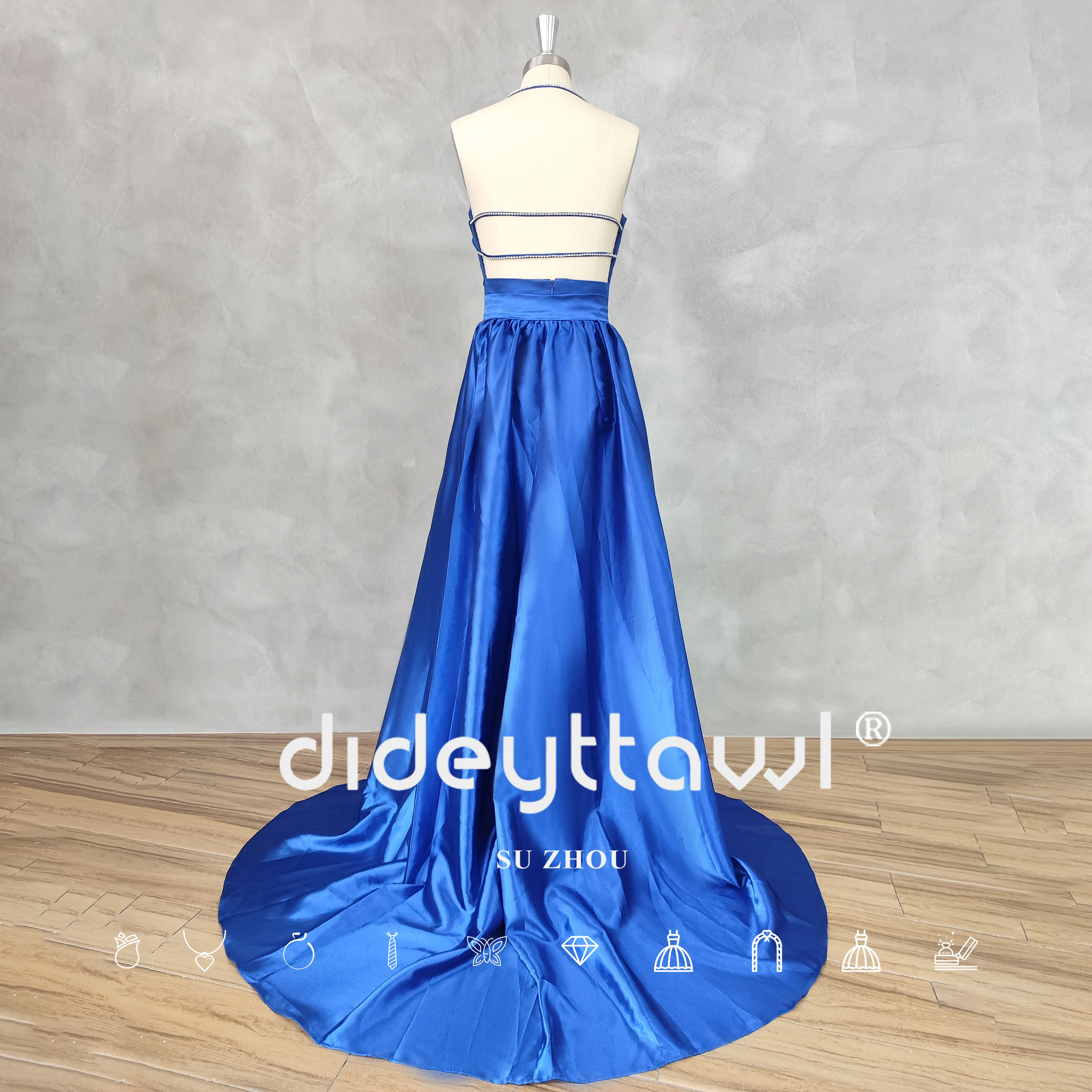 DIDEYTTAWL Real Photos Royal Blue Halter High Side Slit Prom Dress Pleat Sleeveless A Line Open Back Court Train Evening Gown