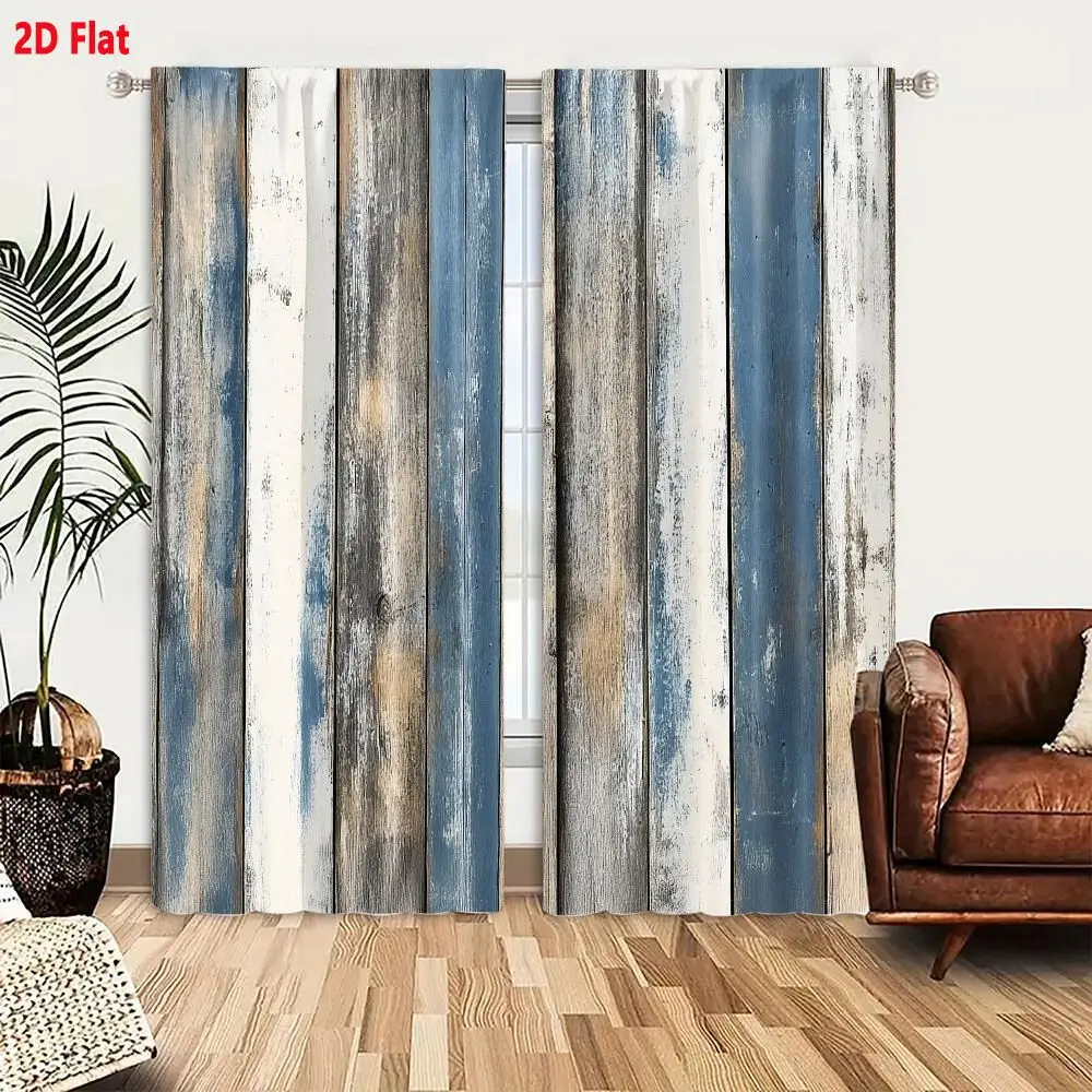 2Pcs Curtains Add 2D Flat Weathered Vertical Wooden Planks With Faded Blue Gray And Natural Brown Tones For Rustic Barn Siding O